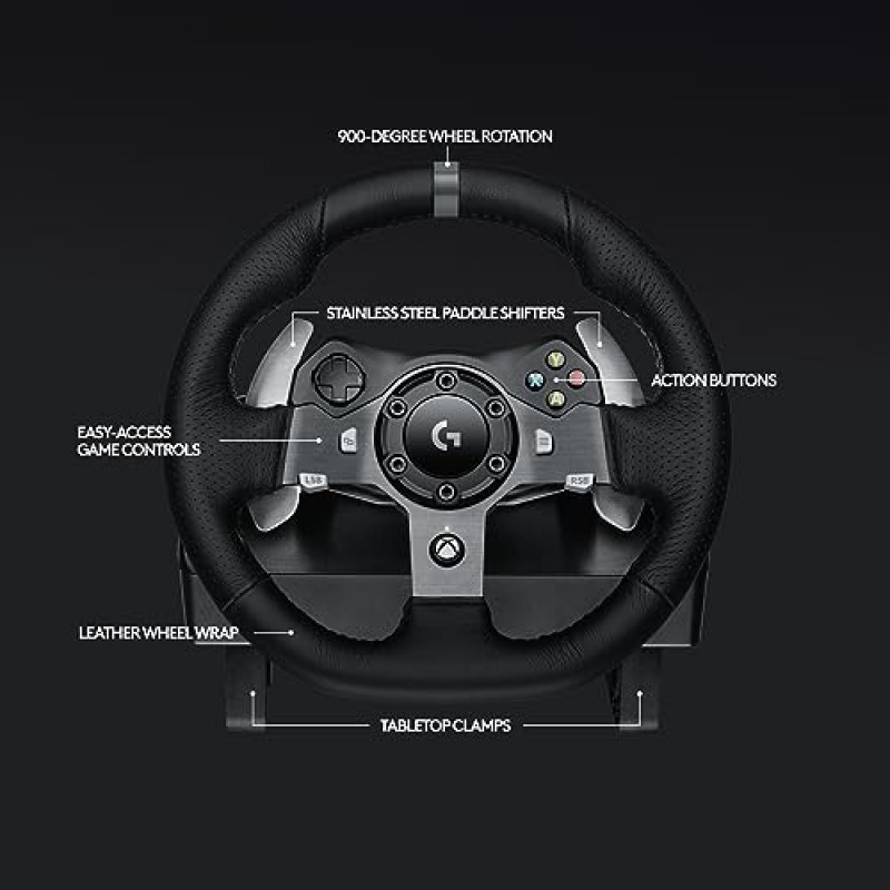 로지텍 G920 Driving Force 레이싱 휠 및 바닥 페달, 리얼 포스 피드백, 스테인레스 스틸 패들 시프터, Xbox Series X|S, Xbox One, PC, Mac용 가죽 스티어링 휠 커버 - 블랙