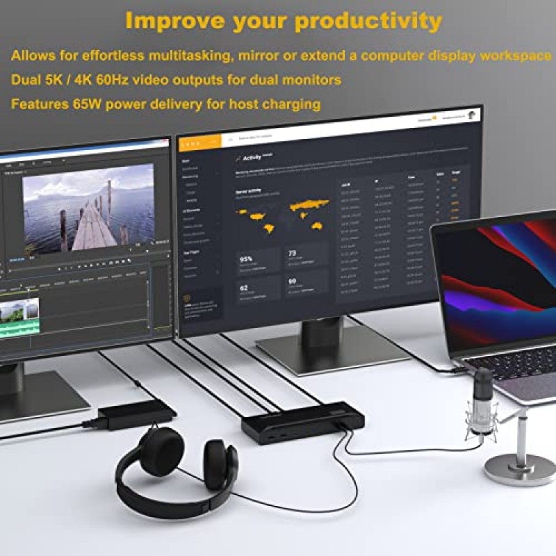 WAVLINK 범용 USB C 노트북 도킹 스테이션 듀얼 모니터 5K/4K@60Hz, Thunderbolt 4/3, USB-C Windows, Mac, Chrome, Ubuntu 20.04,22.04(2HDMI, 2DP, 6USB 3.0, 1Gbps 이더넷용 65W 호스트 충전 포함)