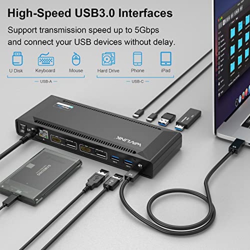 WAVLINK 범용 USB C 노트북 도킹 스테이션 듀얼 모니터 5K/4K@60Hz, Thunderbolt 4/3, USB-C Windows, Mac, Chrome, Ubuntu 20.04,22.04(2HDMI, 2DP, 6USB 3.0, 1Gbps 이더넷용 65W 호스트 충전 포함)