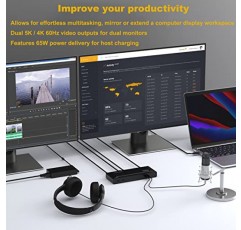 WAVLINK 범용 USB C 노트북 도킹 스테이션 듀얼 모니터 5K/4K@60Hz, Thunderbolt 4/3, USB-C Windows, Mac, Chrome, Ubuntu 20.04,22.04(2HDMI, 2DP, 6USB 3.0, 1Gbps 이더넷용 65W 호스트 충전 포함)