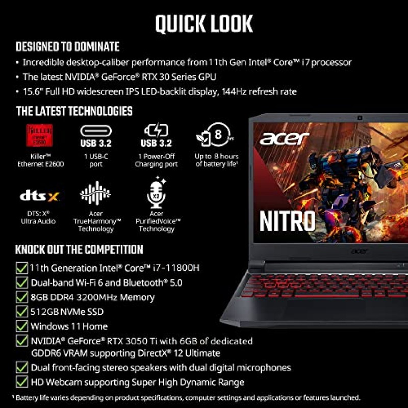 Acer Nitro 5 AN515-57-79TD 게이밍 노트북 | 인텔 코어 i7-11800H | NVIDIA GeForce RTX 3050 Ti 노트북 GPU | 15.6인치 FHD 144Hz IPS 디스플레이 | 8GB DDR4 | 512GB NVMe SSD | Killer Wi-Fi 6 | 백라이트 키보드