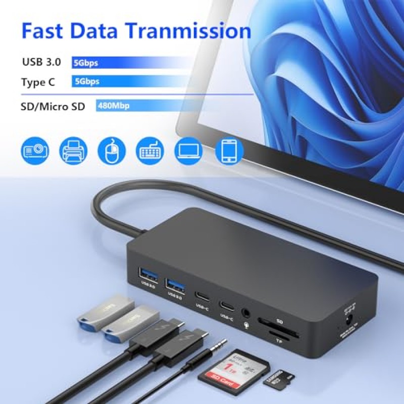 Microsoft Surface Dock 트리플 디스플레이, Surface Pro 9/8/X/7/6/5/4/3, Surface Laptop 5/4/3/2/1, Surface용 듀얼 4K HDMI+VGA를 갖춘 12 in 1 Surface 도킹 스테이션 노트북 Go 2/1, 서피스북 3/2/1