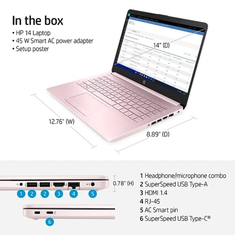 HP 휴대용 노트북(1년 Microsoft 365 포함), 14인치 HD 디스플레이, 8GB RAM, 64GB eMMC, Intel 쿼드 코어 N4120, 학생 및 비즈니스, 웹캠, HDMI, Wi-Fi, RJ-45, Windows 11 Home, 핑크