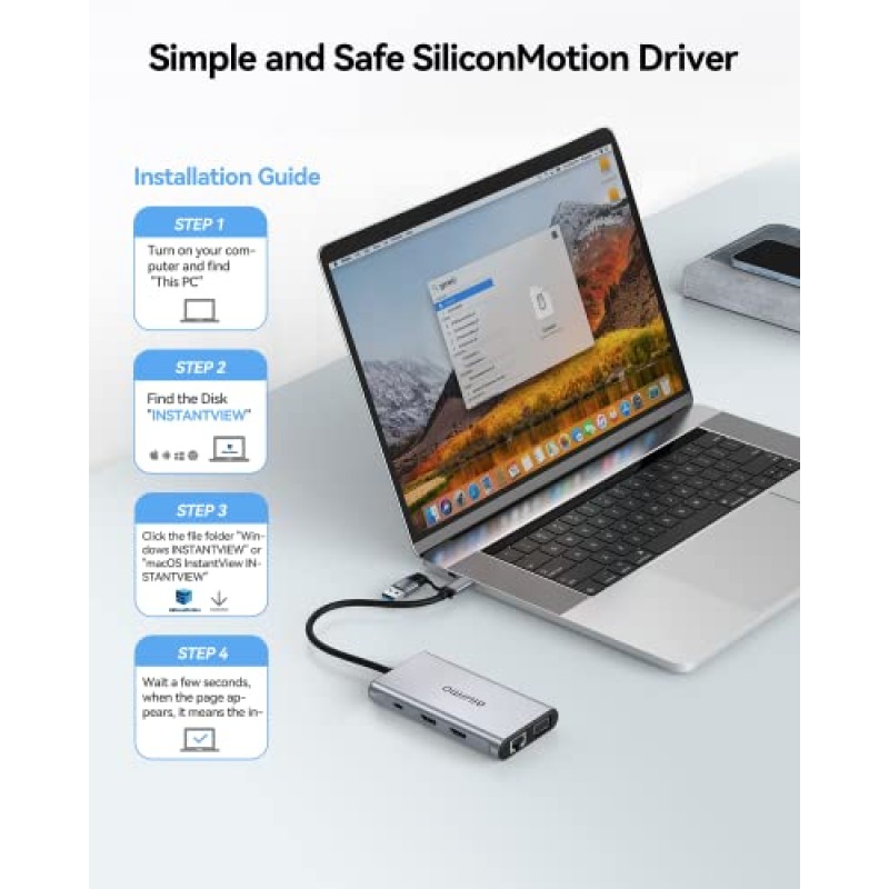 USB 도킹 스테이션 듀얼 모니터, GIISSMO 9-in-1 USB A 3.0 / USB C 도킹 스테이션 트리플 모니터(HDMI 2개, VGA, 10Gbps USB 3.1, 기가비트 이더넷, Mac 및 MacBook 및 Windows 노트북용 트리플 디스플레이 포함)