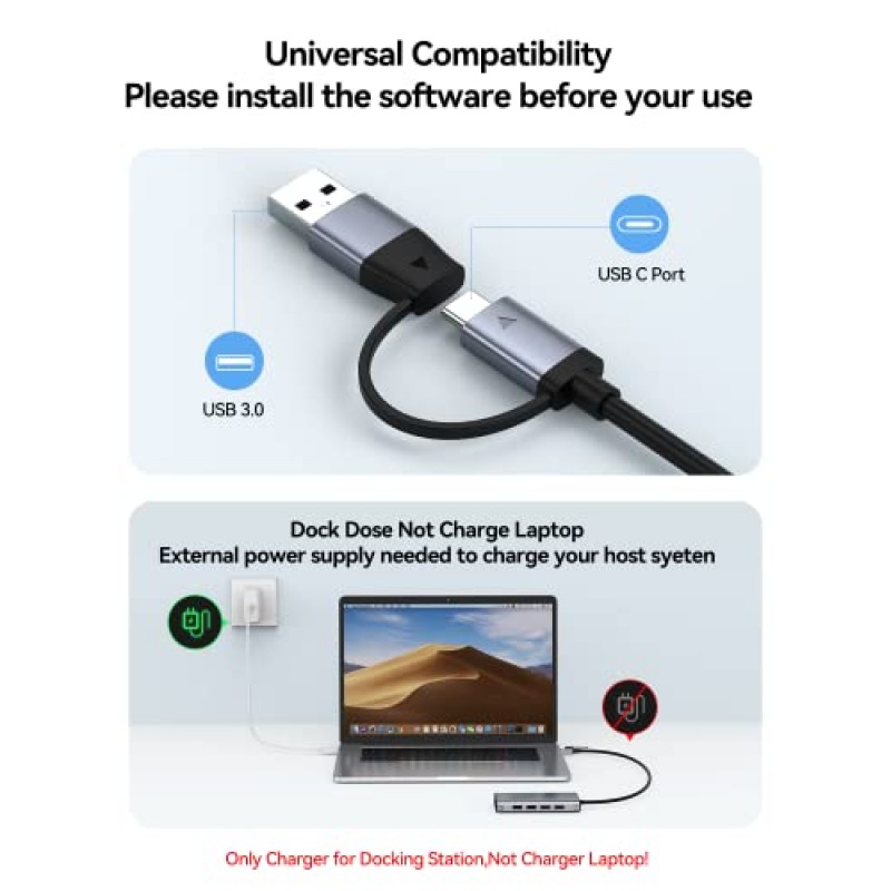 USB 도킹 스테이션 듀얼 모니터, GIISSMO 9-in-1 USB A 3.0 / USB C 도킹 스테이션 트리플 모니터(HDMI 2개, VGA, 10Gbps USB 3.1, 기가비트 이더넷, Mac 및 MacBook 및 Windows 노트북용 트리플 디스플레이 포함)