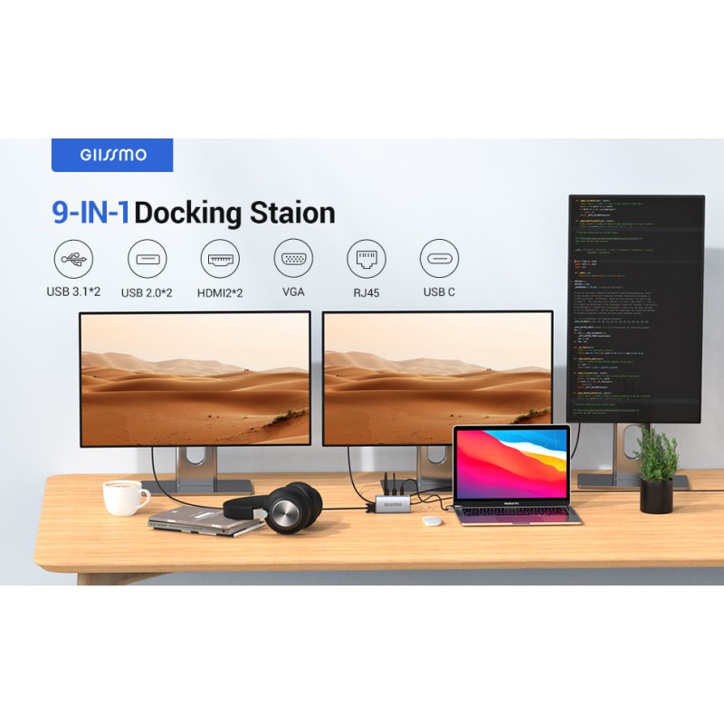 USB 도킹 스테이션 듀얼 모니터, GIISSMO 9-in-1 USB A 3.0 / USB C 도킹 스테이션 트리플 모니터(HDMI 2개, VGA, 10Gbps USB 3.1, 기가비트 이더넷, Mac 및 MacBook 및 Windows 노트북용 트리플 디스플레이 포함)