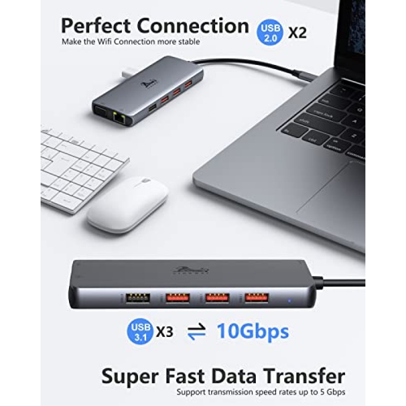 USB C 도킹 스테이션 듀얼 모니터, 11-in-1 USB-C 노트북 도킹 스테이션 - 듀얼 4K HDMI,VGA,기가비트 이더넷, 3 * 10G USB 3.1,2*USB 2.0,87W PD, Dell/3.5mm 오디오/마이크 Surface/HP/Lenovo 노트북