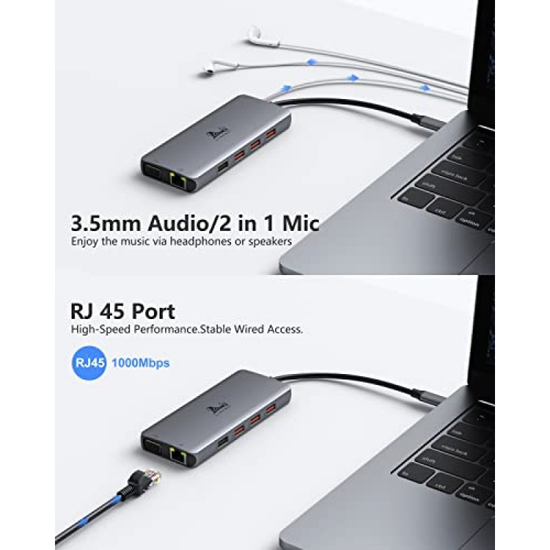 USB C 도킹 스테이션 듀얼 모니터, 11-in-1 USB-C 노트북 도킹 스테이션 - 듀얼 4K HDMI,VGA,기가비트 이더넷, 3 * 10G USB 3.1,2*USB 2.0,87W PD, Dell/3.5mm 오디오/마이크 Surface/HP/Lenovo 노트북