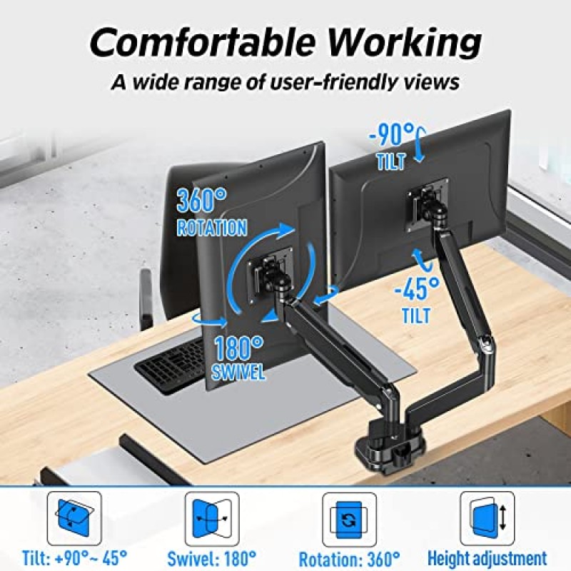 MOUNTUP 듀얼 모니터 마운트는 13'-39' 스크린에 적합, 울트라와이드 듀얼 모니터 데스크 마운트 홀드 4.4-33lbs, 조정 가능한 가스 스프링 더블 모니터 암, 클램프/그로밋이 있는 VESA 브래킷, 컴퓨터 모니터 스탠드