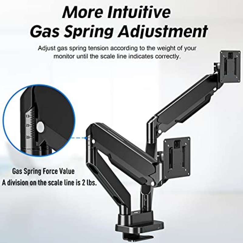 MOUNTUP 듀얼 모니터 마운트는 13'-39' 스크린에 적합, 울트라와이드 듀얼 모니터 데스크 마운트 홀드 4.4-33lbs, 조정 가능한 가스 스프링 더블 모니터 암, 클램프/그로밋이 있는 VESA 브래킷, 컴퓨터 모니터 스탠드