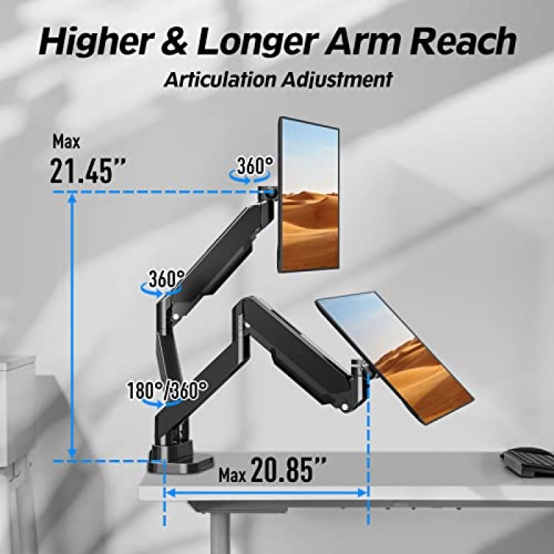 MOUNTUP 듀얼 모니터 마운트는 13'-39' 스크린에 적합, 울트라와이드 듀얼 모니터 데스크 마운트 홀드 4.4-33lbs, 조정 가능한 가스 스프링 더블 모니터 암, 클램프/그로밋이 있는 VESA 브래킷, 컴퓨터 모니터 스탠드
