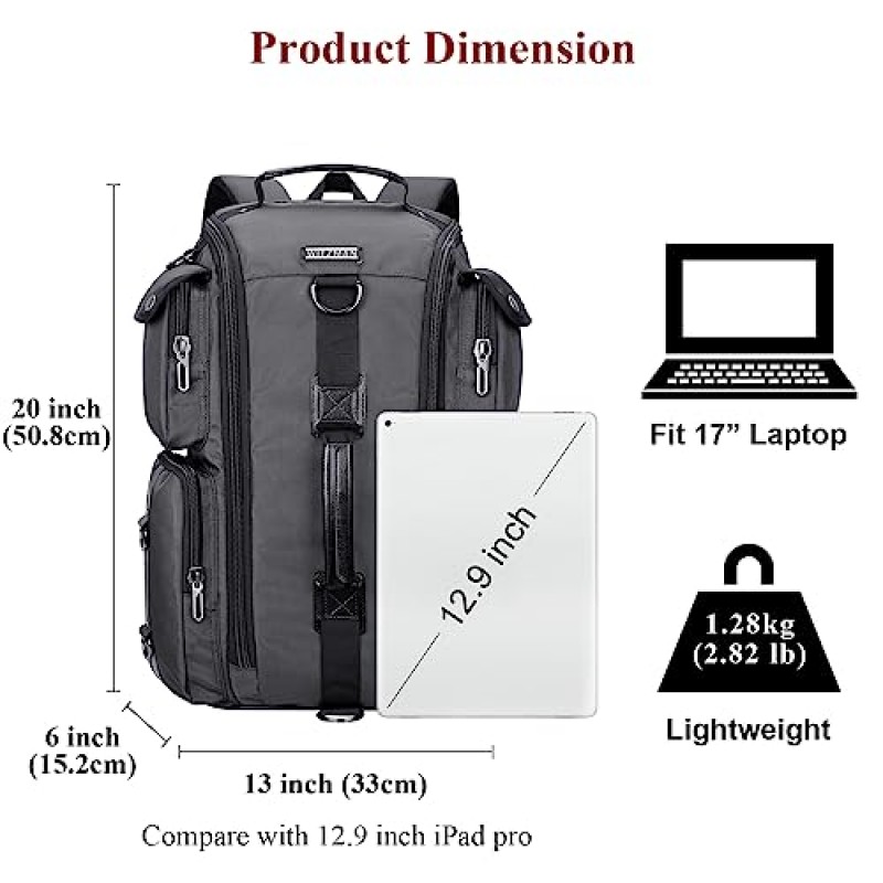 WITZMAN 남성용 여행용 배낭 배낭 더플 백 대용량 노트북 배낭 17 인치 (6695 은빛 회색)