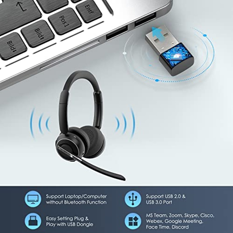 PrancyBt Bluetooth 헤드셋, AI 소음 제거 마이크가 장착된 V5.2 무선 헤드셋, 충전 베이스 및 Bluetooth 어댑터가 장착된 온이어 헤드폰, 컴퓨터 홈 오피스 콜 센터 Zoom Skype용