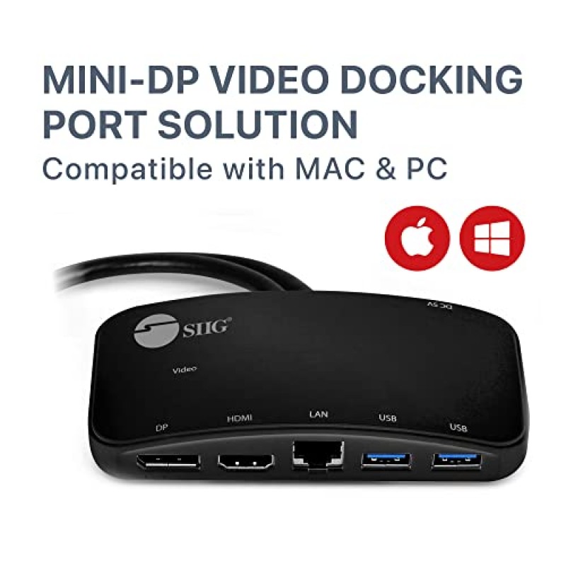 SIIG Mini DisplayPort Thunderbolt 2 1080p 비디오 도크/도킹 스테이션 - 1080p HDMI 또는 DisplayPort(DP) - MacBook, Surface Pro 2/3/4/5 및 노트북(JU-H30412-S1)용 USB 3.0 및 Gb 이더넷 어댑터 허브(JU-H30412-S1), 블랙