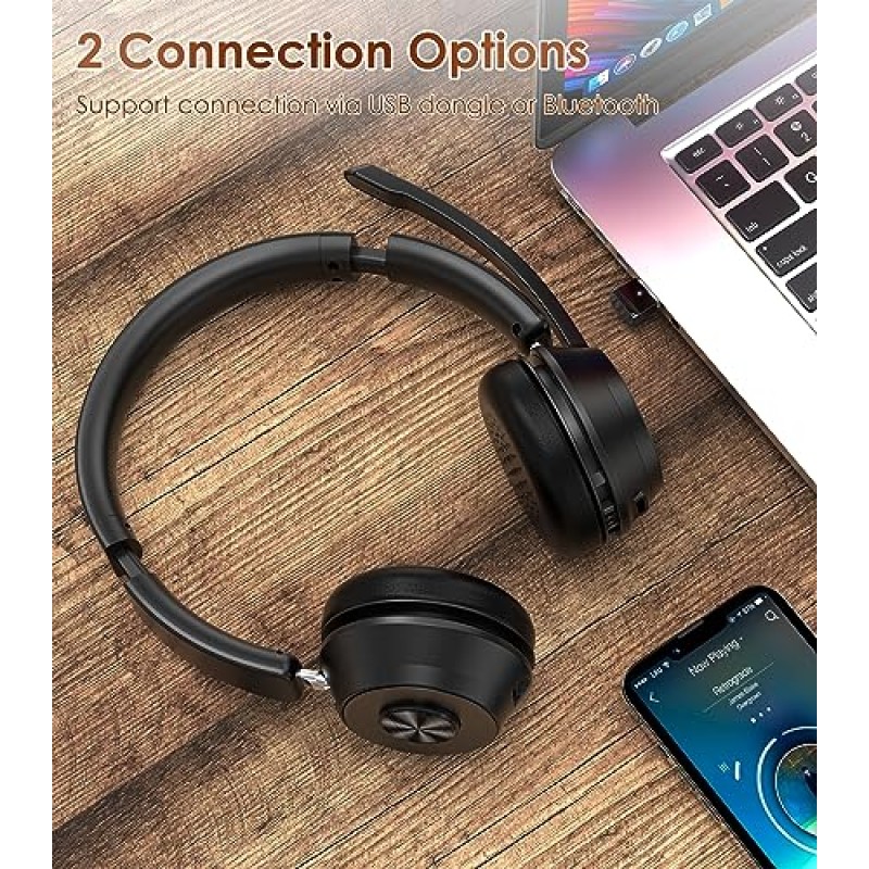 (업그레이드 버전) 무선 헤드셋, 소음 제거 마이크가 포함된 Bluetooth 헤드셋, PC/컴퓨터/노트북/휴대폰/원격 작업/콜 센터용 마이크 음소거 및 USB 동글이 포함된 최고의 헤드셋