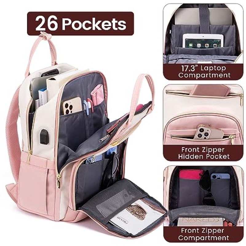 여성용 LOVEVOOK 노트북 백팩, 17인치 노트북 가방에 적합, 패션 여행 작업 도난 방지 가방, 비즈니스 컴퓨터 방수 백팩 지갑, 대학 백팩, 베이지-핑크-핑크