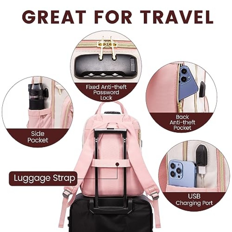여성용 LOVEVOOK 노트북 백팩, 17인치 노트북 가방에 적합, 패션 여행 작업 도난 방지 가방, 비즈니스 컴퓨터 방수 백팩 지갑, 대학 백팩, 베이지-핑크-핑크