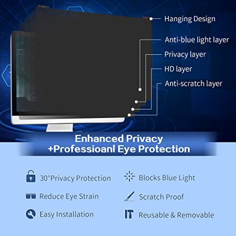 Verponity 컴퓨터 개인 정보 보호 화면 필터 24인치, 9H 경도 교수형 컴퓨터 화면 개인 정보 보호 쉴드 16:9 와이드스크린 모니터용 23.6,23.8인치와 호환 가능, 눈 보호 및 청색광 차단…