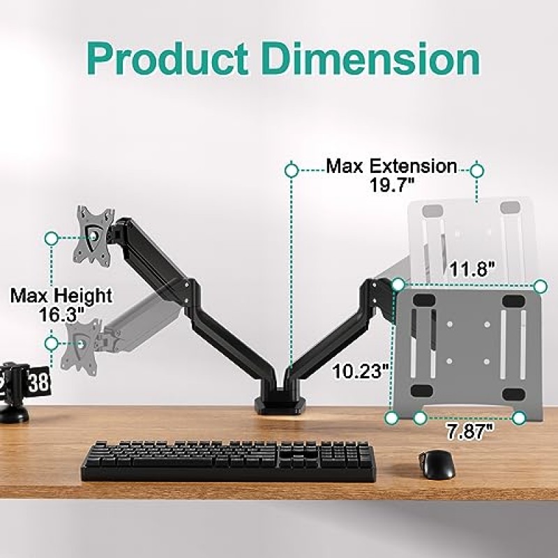 MOUNT PRO 모니터 및 노트북 마운트는 최대 17인치 노트북 및 32인치 컴퓨터 화면에 적합하며, 조정 가능한 노트북 및 책상용 모니터 스탠드, 노트북 트레이가 있는 VESA 모니터 마운트, 각 암은 최대 17.6파운드를 지탱합니다.