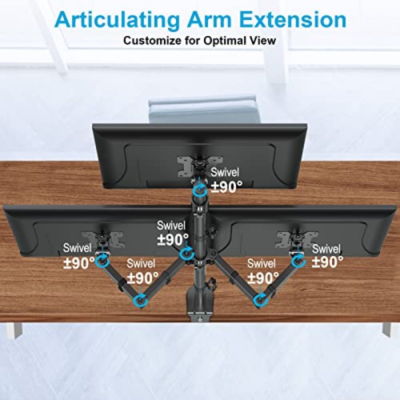 MOUNTUP 트리플 모니터 스탠드, 17~32인치 컴퓨터 화면 3개에 적합한 높이 조절 가능 모니터 데스크 마운트, 모니터 3개용 스택형 모니터 암, C-클램프 및 그로밋 베이스 포함, 암당 최대 17.6lbs