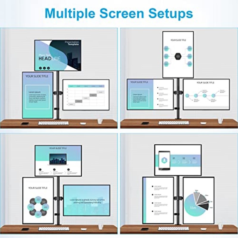 MOUNTUP 트리플 모니터 스탠드, 17~32인치 컴퓨터 화면 3개에 적합한 높이 조절 가능 모니터 데스크 마운트, 모니터 3개용 스택형 모니터 암, C-클램프 및 그로밋 베이스 포함, 암당 최대 17.6lbs