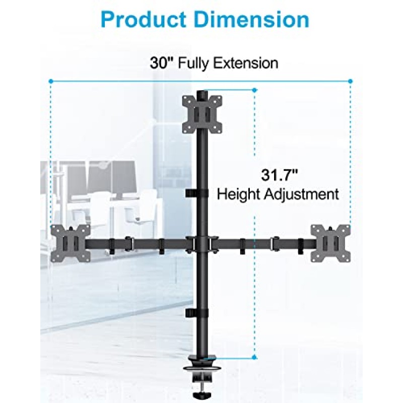 MOUNTUP 트리플 모니터 스탠드, 17~32인치 컴퓨터 화면 3개에 적합한 높이 조절 가능 모니터 데스크 마운트, 모니터 3개용 스택형 모니터 암, C-클램프 및 그로밋 베이스 포함, 암당 최대 17.6lbs
