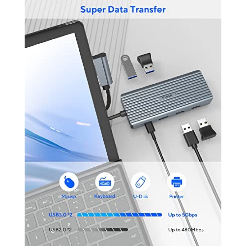 Surface Pro 7용 HYRTA USB C 도크, 11인치 2 Surface Pro 7 USB C 도킹 스테이션, Surface Pro 7 액세서리 듀얼 모니터 디스플레이 USB 허브, HDMI VGA PD3.0 RJ45 2 USB2.0 및 2 USB3.0 포함