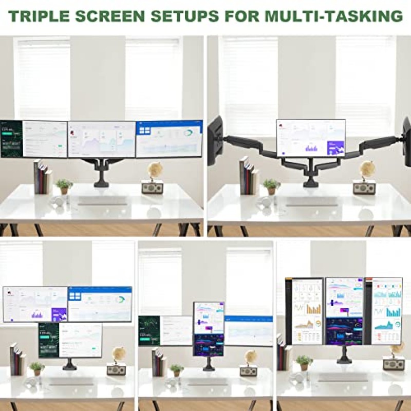 업그레이드 삼중 모니터 스탠드, 최대 32인치의 평면/곡선 컴퓨터 화면 3개를 위한 모니터 데스크 마운트 3개, 견고한 이중 C-클램프 베이스, 각각 최대 30.9파운드를 수용할 수 있는 완전 조정 가능한 가스 스프링 모니터 암