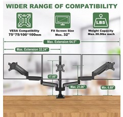업그레이드 삼중 모니터 스탠드, 최대 32인치의 평면/곡선 컴퓨터 화면 3개를 위한 모니터 데스크 마운트 3개, 견고한 이중 C-클램프 베이스, 각각 최대 30.9파운드를 수용할 수 있는 완전 조정 가능한 가스 스프링 모니터 암