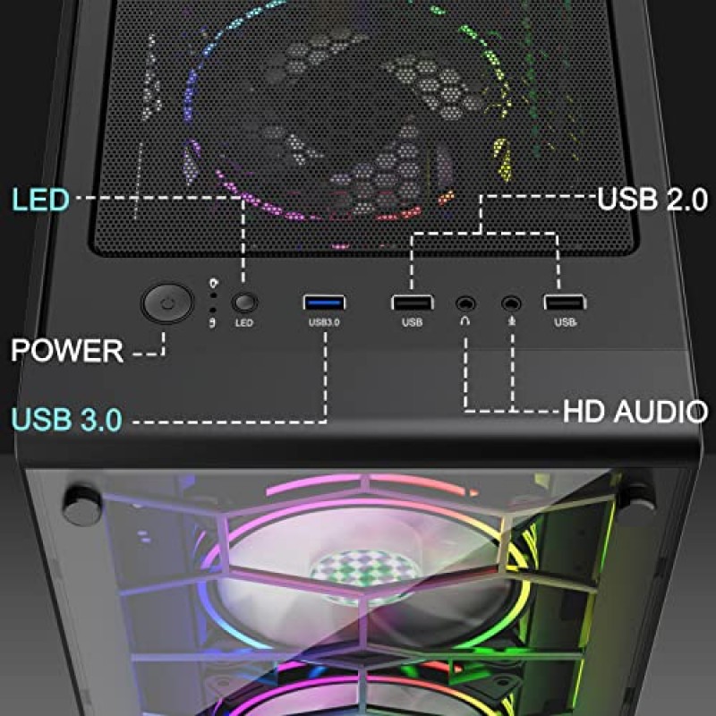 MUSETEX ATX PC 케이스 사전 설치된 6Pcs 120mm ARGB 팬, 강화 유리 측면 및 전면 패널이 있는 컴퓨터 게임 케이스, 금속 허니컴 메시, USB3.0, S6-B