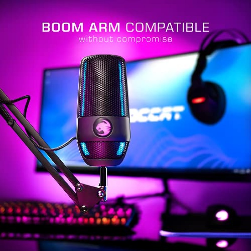 ROCCAT 토치 USB 마이크, 스튜디오급 오디오, PC 컴퓨터 게임용 유선 마이크, 표시기가 있는 RGB AIMO 조명, 스트리밍, 녹음, 팟캐스팅, 빠른 음소거, 붐암 호환, 검정색