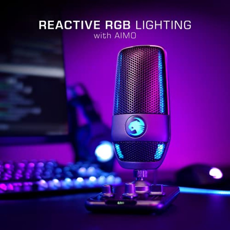 ROCCAT 토치 USB 마이크, 스튜디오급 오디오, PC 컴퓨터 게임용 유선 마이크, 표시기가 있는 RGB AIMO 조명, 스트리밍, 녹음, 팟캐스팅, 빠른 음소거, 붐암 호환, 검정색