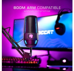 ROCCAT 토치 USB 마이크, 스튜디오급 오디오, PC 컴퓨터 게임용 유선 마이크, 표시기가 있는 RGB AIMO 조명, 스트리밍, 녹음, 팟캐스팅, 빠른 음소거, 붐암 호환, 검정색