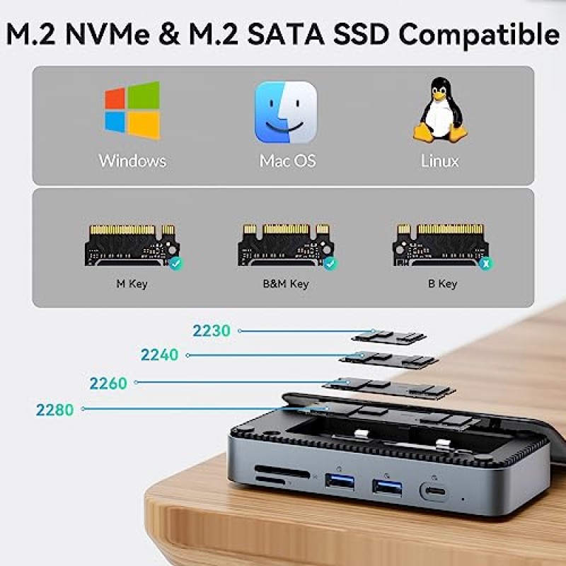 Yottamaster USB C 허브(SSD 인클로저 포함), M.2 PCIe NVMe/SATA SSD용 10-in-1 USB-C 도킹 스테이션, 10Gbps USB 3.2 Gen2, 4K@60Hz HDMI, 100W PD, SD/TF3.0 카드 리더기, 이더넷 ,Windows,Mac용 4TB 지원