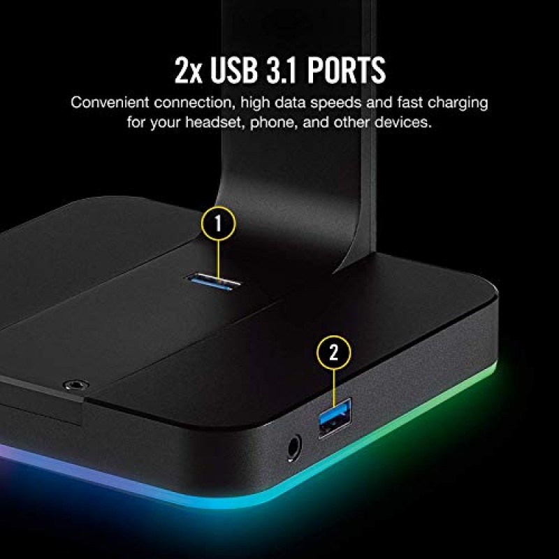 Corsair ST100 RGB 프리미엄 헤드셋 스탠드(7.1 서라운드 사운드 포함) - 3.5mm 및 USB 3.0 2개, 알루미늄