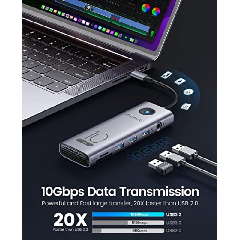 10Gbps USB C 허브, ORICO 10-in-1 USB-C 노트북 도킹 스테이션 - 4K@60Hz HDMI, 3×USB 3.2 10G, USB 3.0,100W PD, SD/TF 카드 리더기, 기가비트 이더넷, Dell/Surface/용 오디오 HP/Lenovo 노트북