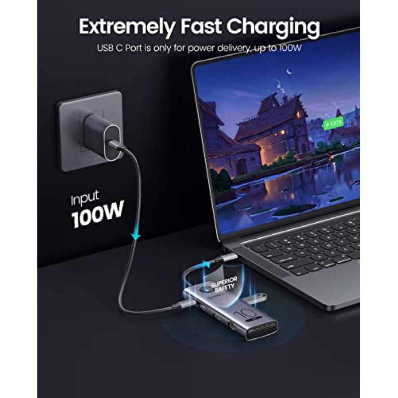 10Gbps USB C 허브, ORICO 10-in-1 USB-C 노트북 도킹 스테이션 - 4K@60Hz HDMI, 3×USB 3.2 10G, USB 3.0,100W PD, SD/TF 카드 리더기, 기가비트 이더넷, Dell/Surface/용 오디오 HP/Lenovo 노트북