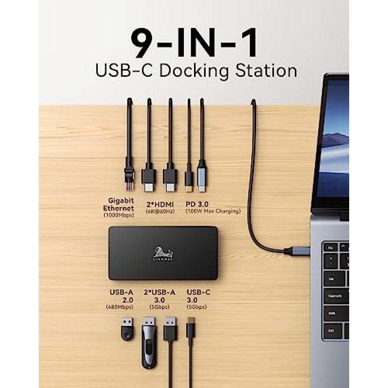 USB C 도크 듀얼 4K@60Hz HDMI 9 in 1 듀얼 모니터 노트북 도킹 스테이션(3.28피트 USB C 케이블 포함), 3개의 USB, USB C, 기가비트 이더넷 및 PD 포트가 있는 동글, Dell, Lenovo, Hp, Surface 등을 위한 HDMI 허브
