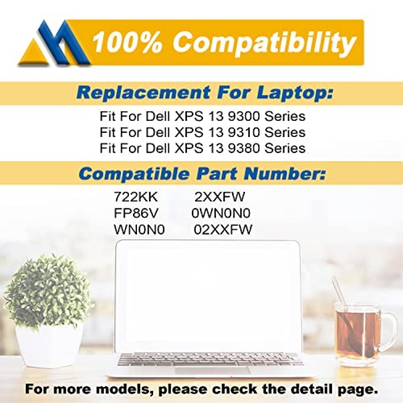 Mobik 722KK 노트북 배터리 Dell XPS 13 9300(2020) XPS 13 9310(2020) XPS 13 9380(2020) P117G P117G001 P117G002 시리즈 노트북 02XXFW 2XXFW WN0N0 FP86V 52Wh 6800mAh와 호환 가능