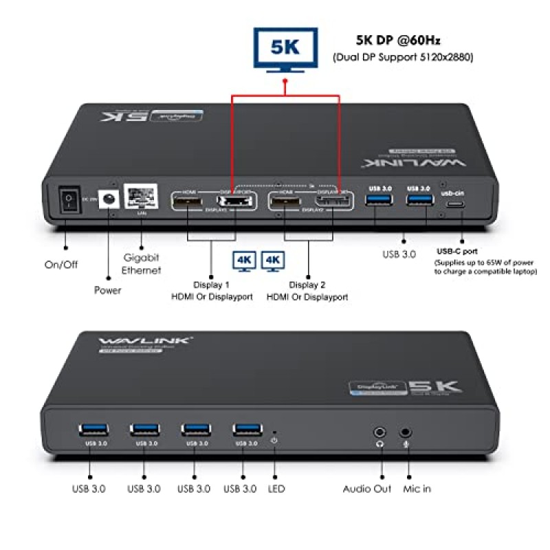 WAVLINK DisplayLink USB C 5K/듀얼 4K 모니터 Thunderbolt 4/3, USB-C Windows Mac M1/M2, 2X 디스플레이 포트 및 HDMI, 6 USB, 이더넷, 오디오용 100W 전원 어댑터가 포함된 범용 노트북 도킹 스테이션