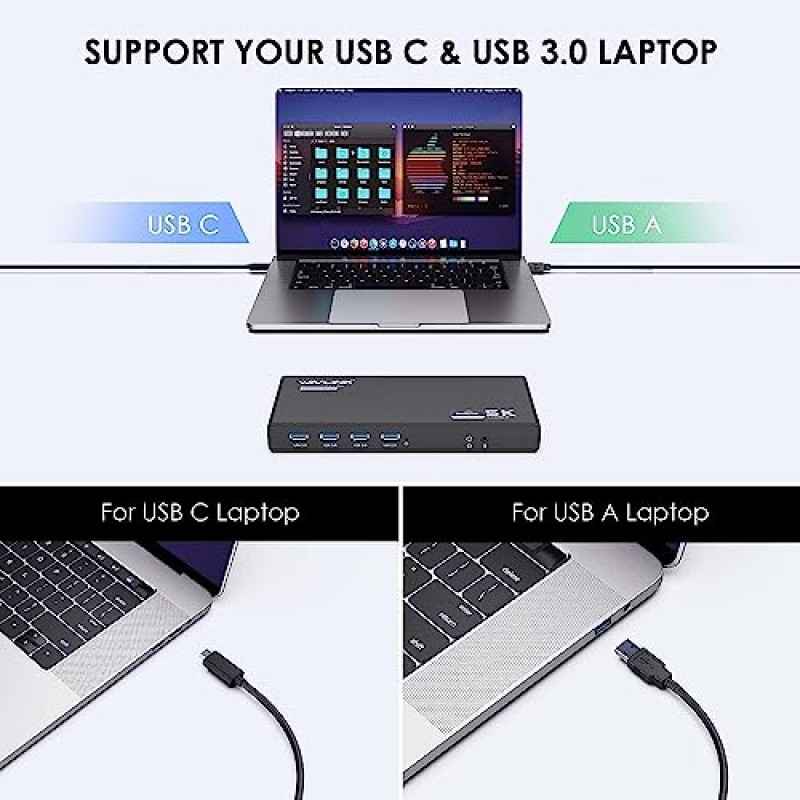 WAVLINK DisplayLink USB C 5K/듀얼 4K 모니터 Thunderbolt 4/3, USB-C Windows Mac M1/M2, 2X 디스플레이 포트 및 HDMI, 6 USB, 이더넷, 오디오용 100W 전원 어댑터가 포함된 범용 노트북 도킹 스테이션