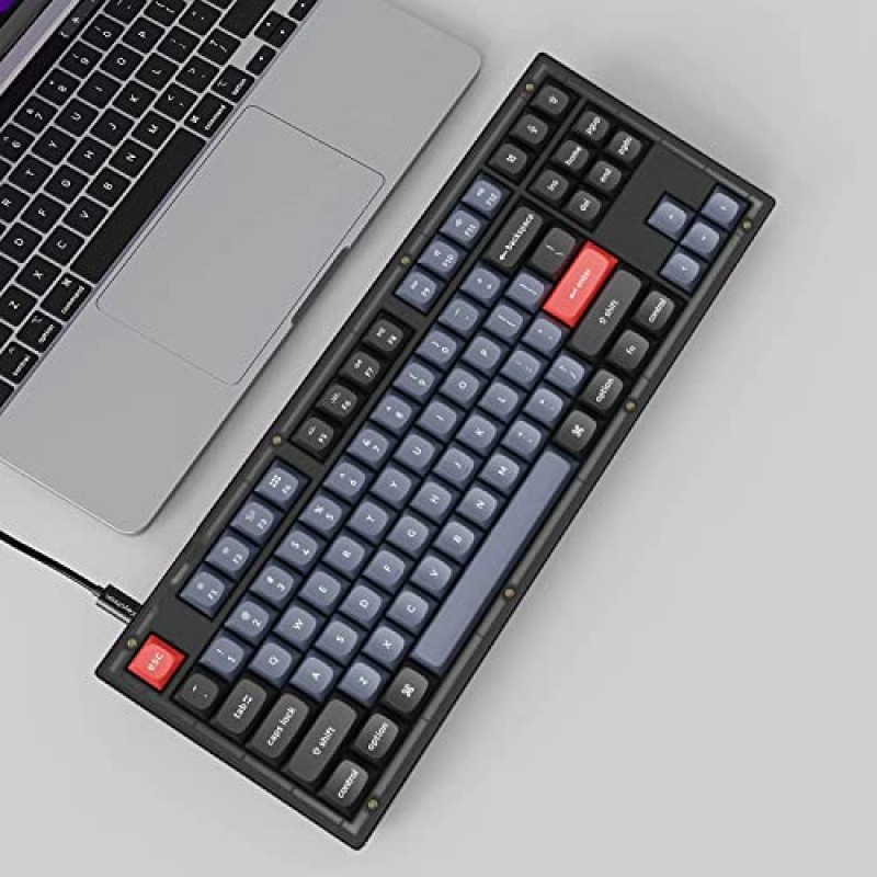 Keychron V3 TKL 80% 레이아웃 맞춤형 유선 기계식 키보드, 87키 RGB 백라이트 QMK/VIA 프로그래밍 가능 매크로, 핫 스왑 가능 K Pro 빨간색 스위치 Mac Windows용 PBT 키캡(반투명 검정색 반투명)