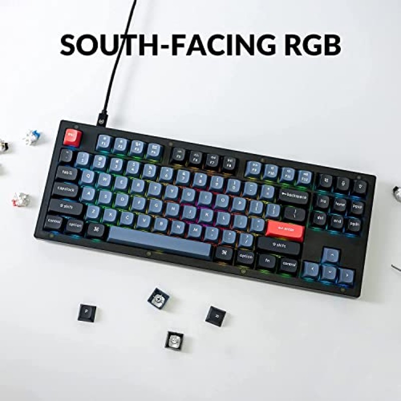 Keychron V3 TKL 80% 레이아웃 맞춤형 유선 기계식 키보드, 87키 RGB 백라이트 QMK/VIA 프로그래밍 가능 매크로, 핫 스왑 가능 K Pro 빨간색 스위치 Mac Windows용 PBT 키캡(반투명 검정색 반투명)