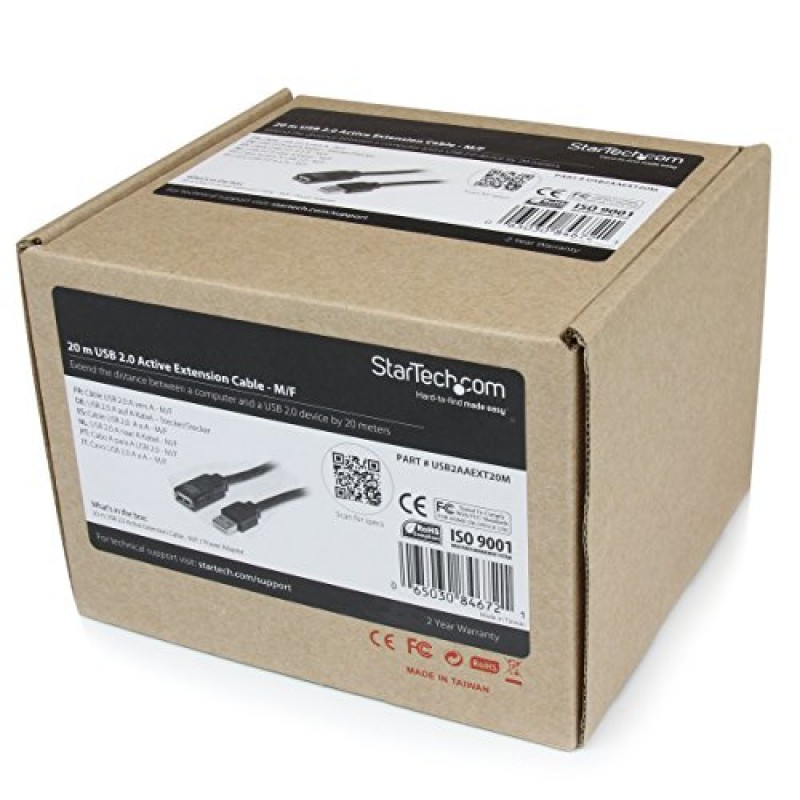 StarTech.com 20m USB 2.0 액티브 연장 케이블 - M/F - USB 연장 케이블 - USB(M) - USB(F) - USB 2.0 - 66피트 - 액티브 - 검정색 - USB2AAEXT20M