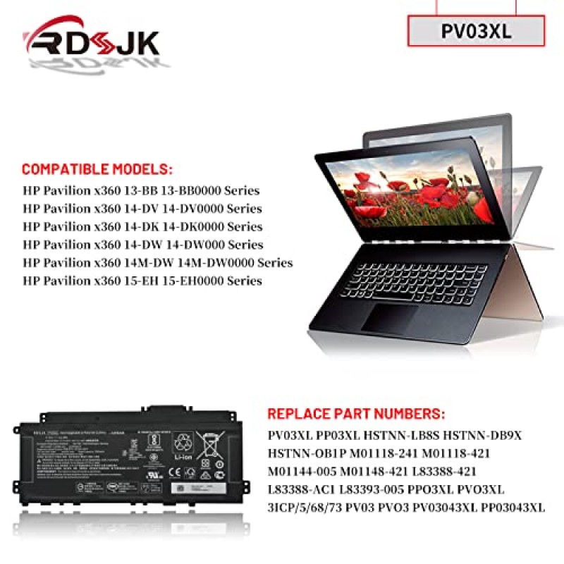 PV03XL PP03XL HP 파빌리온 x360 13-BB 13-BB0000 14-DV 14M-DW 14-DK 15-EH 15-EH0000 14-dw0xxx 시리즈 HSTNN-LB8S HSTNN-DB9X HSTNN-OB1P L83388-421 L83388-AC1 L83393 - 005 11.55V 43.3Wh