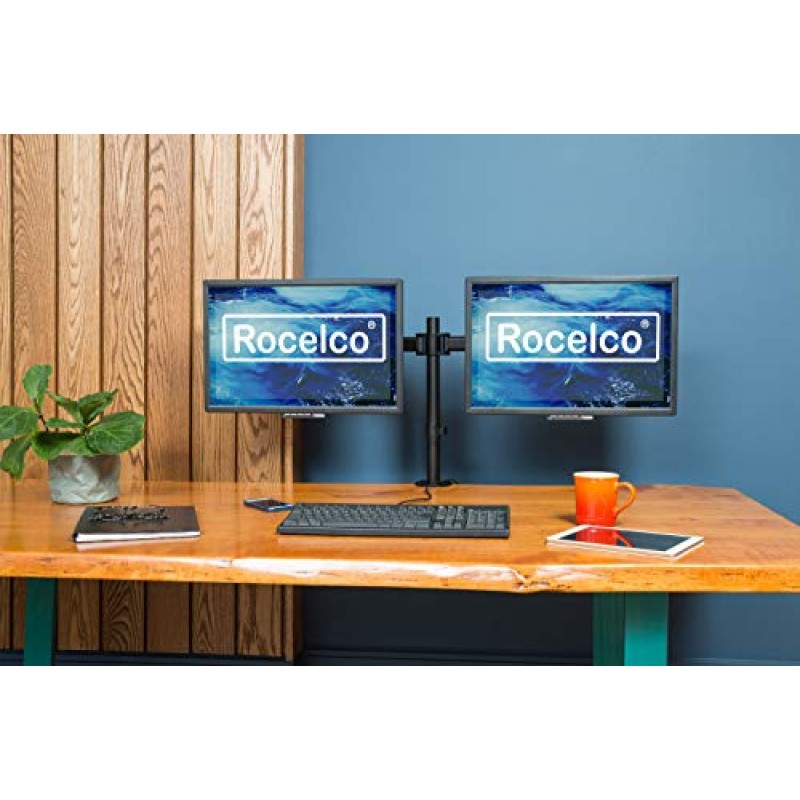 Rocelco 프리미엄 데스크 컴퓨터 모니터 마운트 - 13인치 - 27인치 LED LCD에 맞는 표준 패턴 듀얼 평면 스크린 - 이중 굴절식 풀 모션 조절식 암 - 그로밋 및 C 클램프 - 블랙(R DM2)