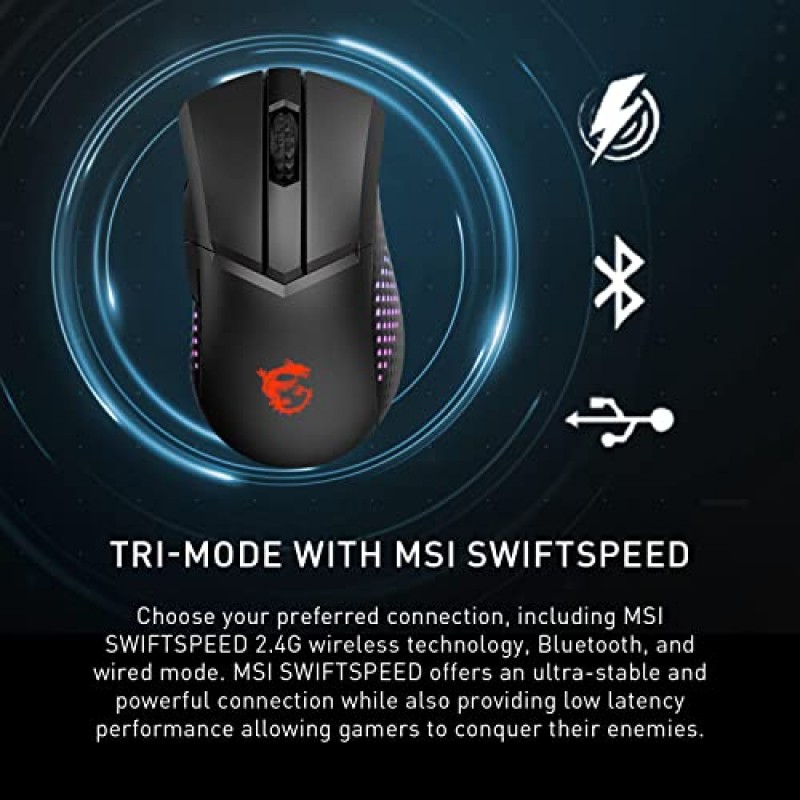 MSI 클러치 GM51 경량 무선 게이밍 마우스 및 충전 도크, 26K DPI 광학 센서, 2.4G 및 Bluetooth, 60M Omron 스위치, 고속 충전, 150시간 배터리, RGB, 프로그래밍 가능 버튼 5개, PC/Mac