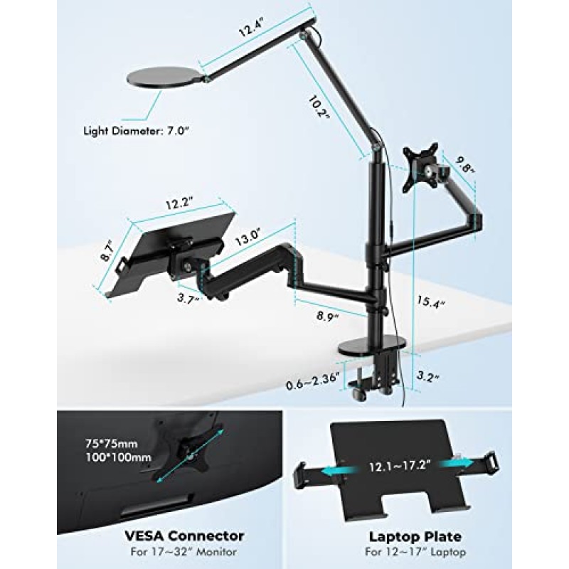 Viozon 모니터/노트북 데스크 마운트, 7인치 LED 링 라이트, 3가지 색상 및 5가지 밝기, 눈 보호, 가스 스프링 암 높이 및 각도 조절 가능, 17-32인치 모니터/12-17 노트북, WFH, 온라인 회의와 호환 가능