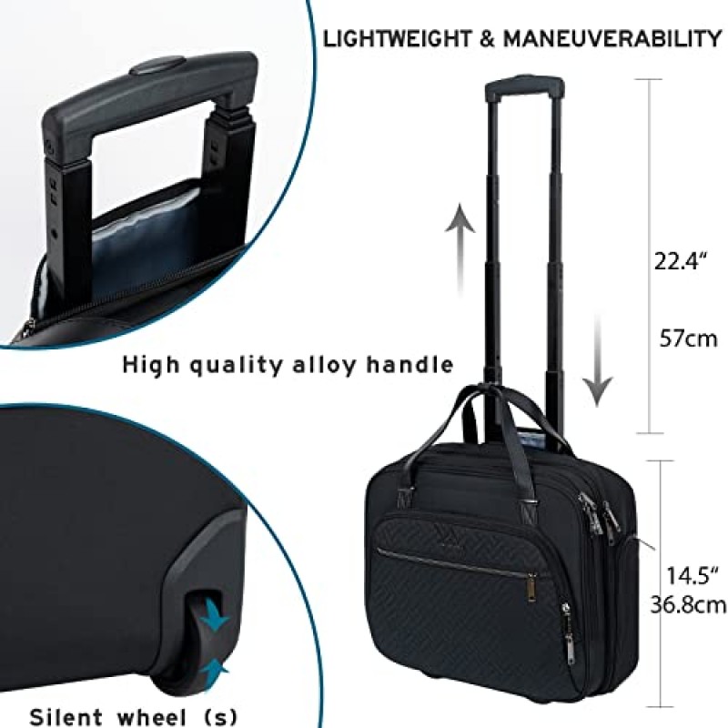 EMPSIGN 롤링 노트북 가방, 바퀴가 있는 15.6인치 롤러 서류 가방, 여행용 방수 RFID 포켓이 있는 롤링 Underaeat 컴퓨터 가방 여행 업무용 퀼팅 블랙