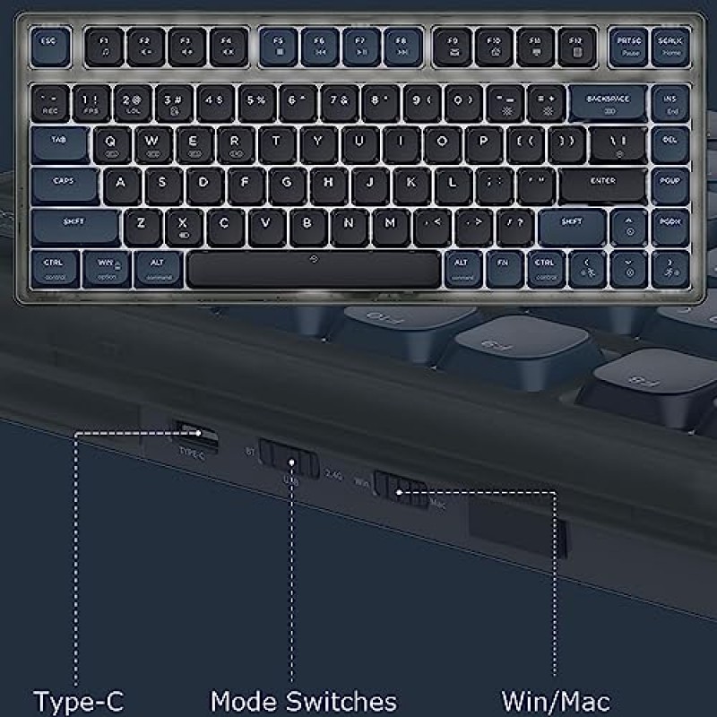 ATTACK SHARK 로우 프로파일 기계식 키보드, 81 PBT 키캡이 있는 75% TKL 무선 키보드, 트라이 모드 BT5.0/2.4G/사용자 정의 코일 케이블, PC Mac 전화 태블릿-빨간색 스위치용 흰색 LED 백라이트 키보드